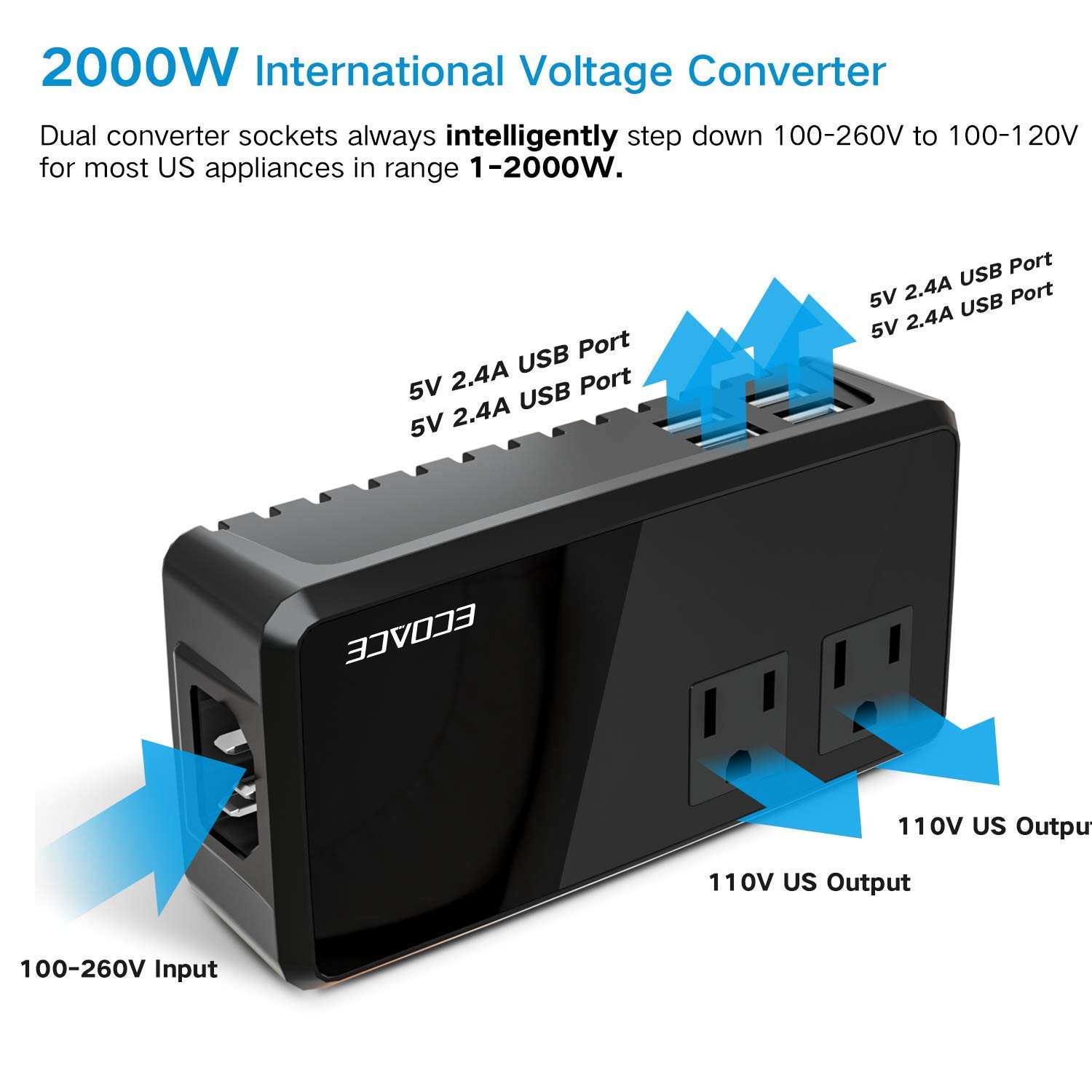 for US Appliances ECOACE 2000W Travel Voltage Converter 220V to 110V Upgraded uc2000 4USB Port