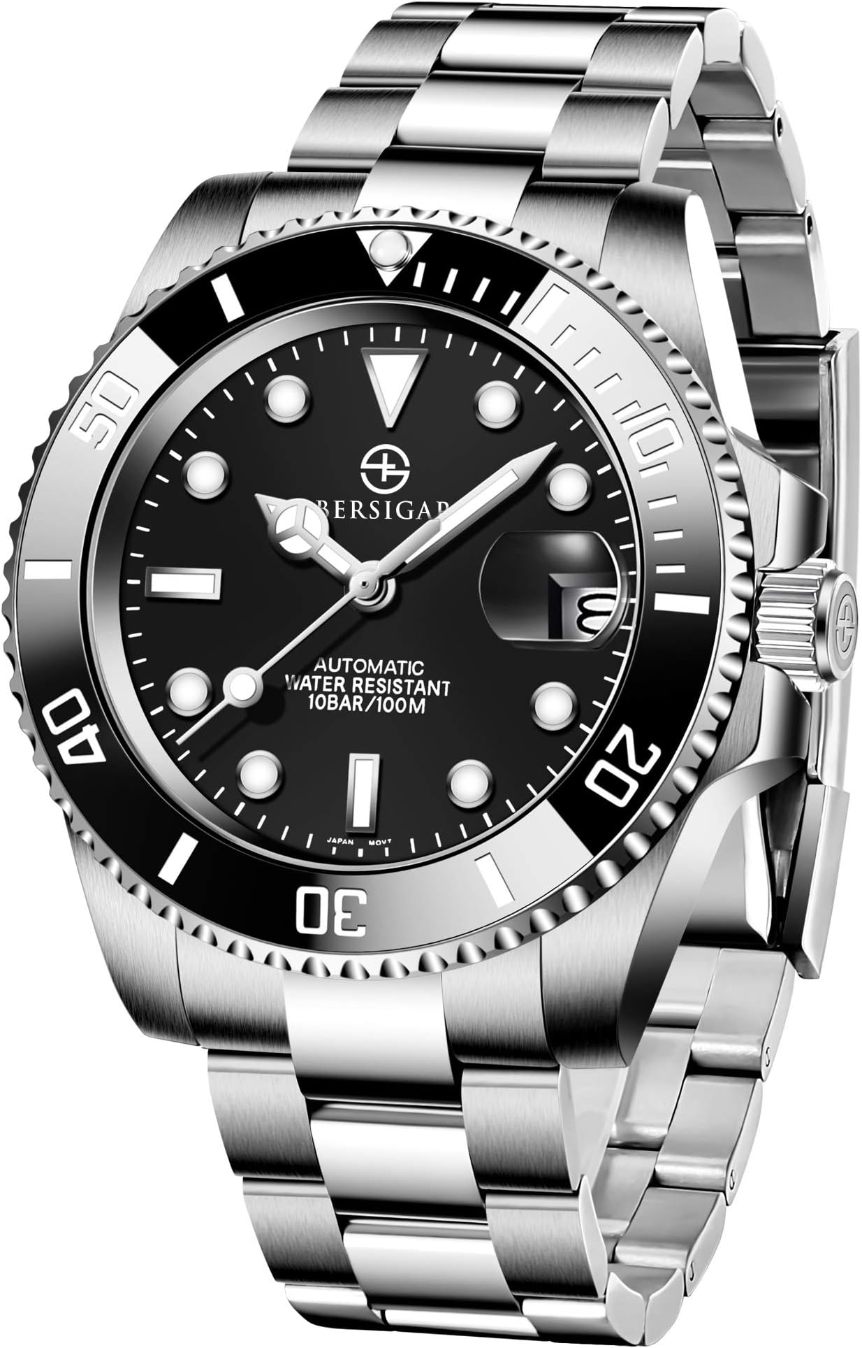 Men's Watches BERSIGAR Automatic Wrist Watch Scratch Resistant Synthetic Sapphire Glass with Date Display Silver Stainless Steel Bracelet