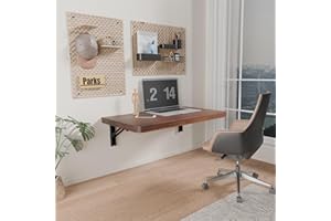 IAE Wall Mounted Folding Table with Pine Wood,24" x 14" Floating Wall Desk,Laundry Folding Table with Shelf Brackets,Fold Down Desk Shelf,Folding Workbench for Home,Dining,Laundry Room,Kitchen,Brown