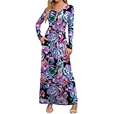DEARCASE Women's Maxi Dress Long Sleeve Crewneck Loose Plain Casual Empire Waist Fall Party Long Dresses with Pockets