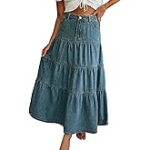 EMMIOL Long Denim Skirt for Women - Mid High Waisted A-Line Jean Maxi Skirts Dark Wash Tiered Swing Jean Skirt with Pockets