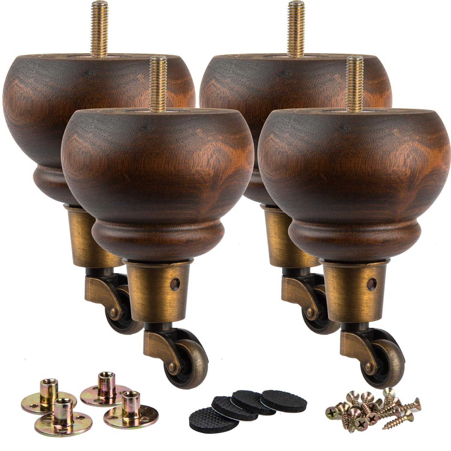 La Vane 5.5 inch Wooden Furniture Legs with Castor, 4PCS Soild Wood Glaze Turned Replacement Bun Feet with Pre-Drilled M8 Inch Bolt & Mounting Plate for Armchair Ottoman Recliner Chair Footstool