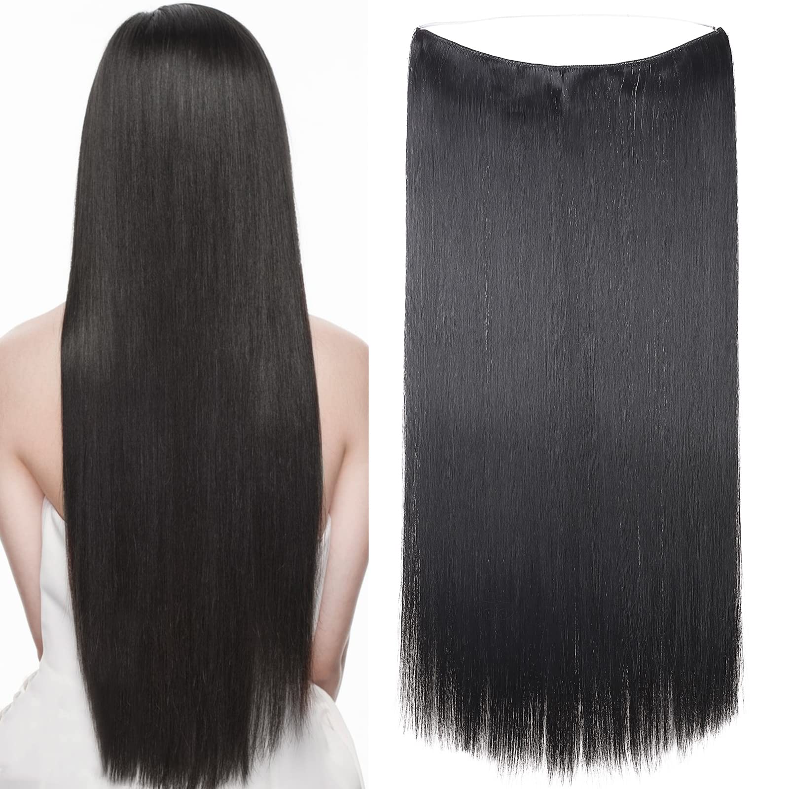 24 Inches Straight Hair Extensions Secret Headband No Clip Easy Invisible Crown Wire in Hair Extensions Hairpiece for Women Dark black