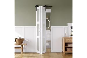 SMARTSTANDARD 24in x 84in Bifold Barn Door, Frosted Glass Barn Door with Hardware Kit Included, Pre-Drilled Holes Easy Assembly -Solid Barn Doors Slab Covered with Water-Proof PVC Surface, White