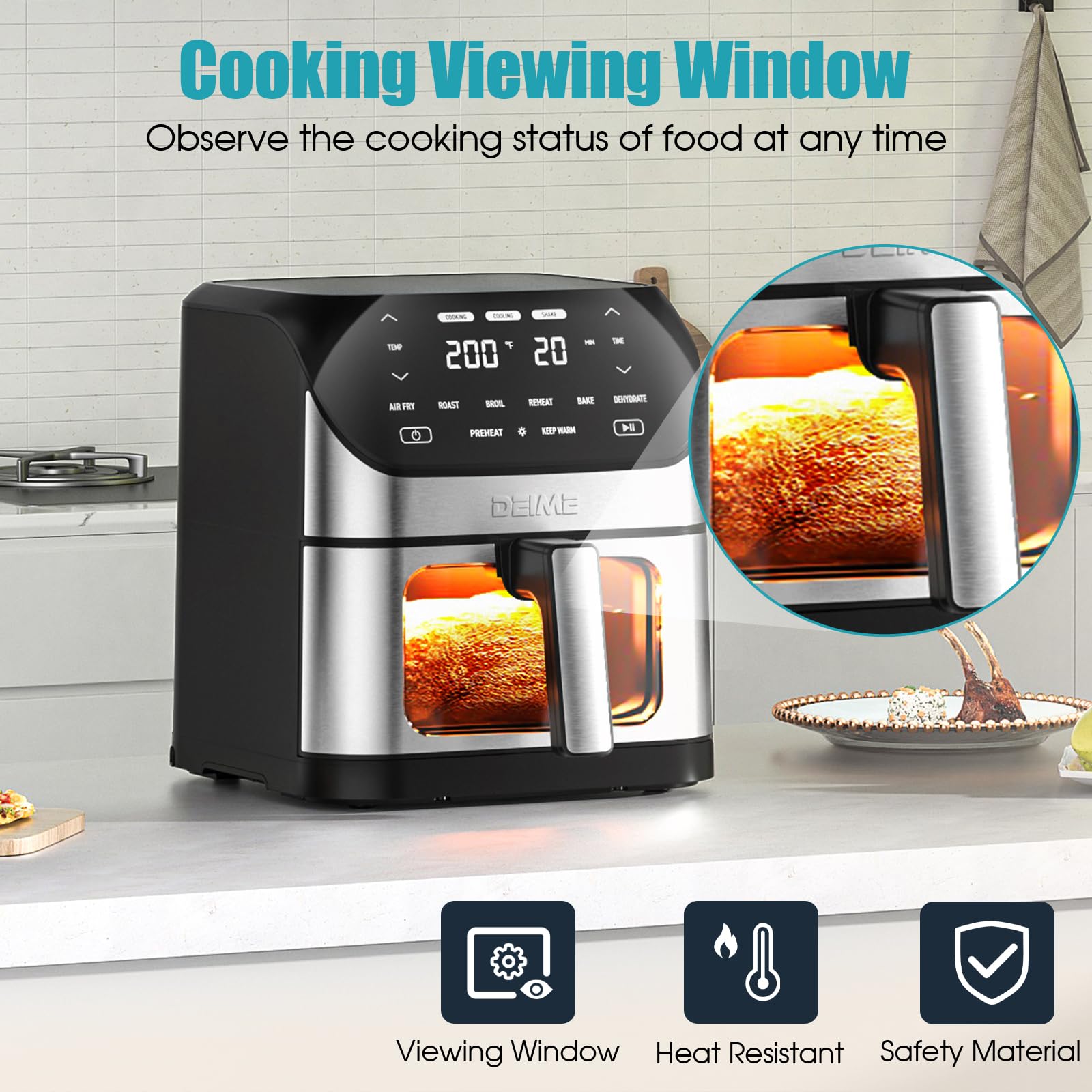 Freidora de aire 6.2 QT de gran capacidad sin aceite freidoras de aire caliente horno 1500 W cocina saludable con 10 preajustes, pantalla táctil LCD digital, ventana de cocción visual, cesta antiadherente, receta incluida (Plata-L)