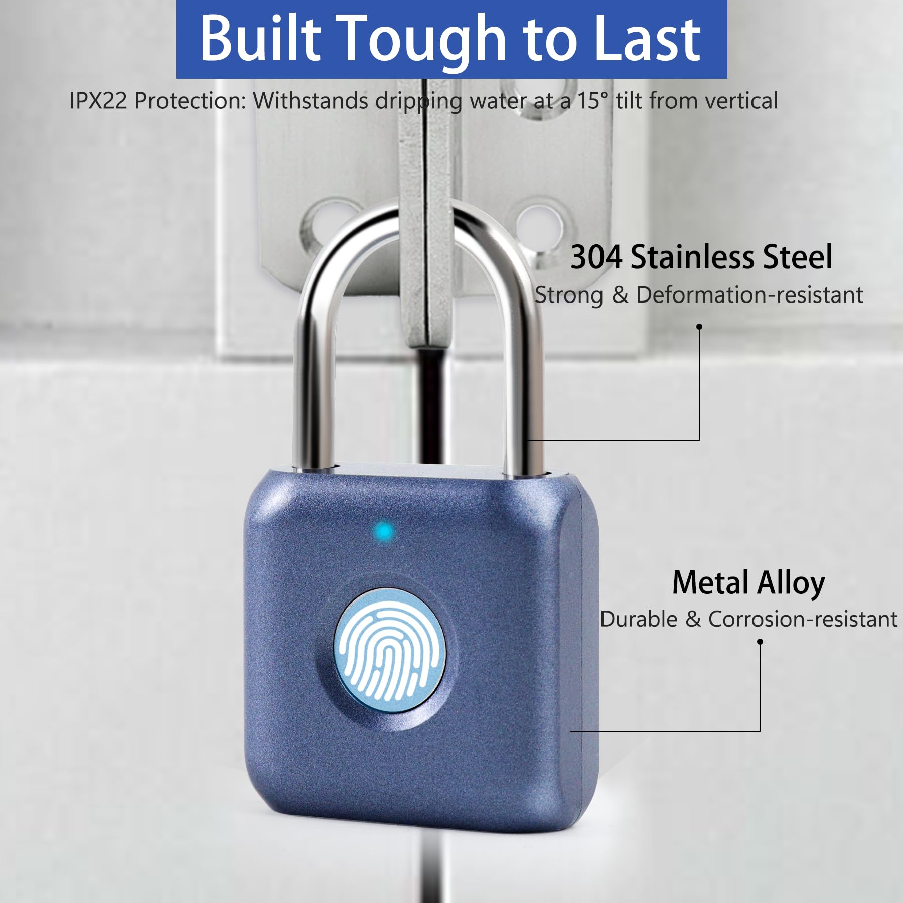 Fingerprint Padlock, Keyless Biometric Lock, Water-Resistant, USB Rechargeable Smart Lock for Bookcases, Bikes, Sports Lockers, Storage, Blue