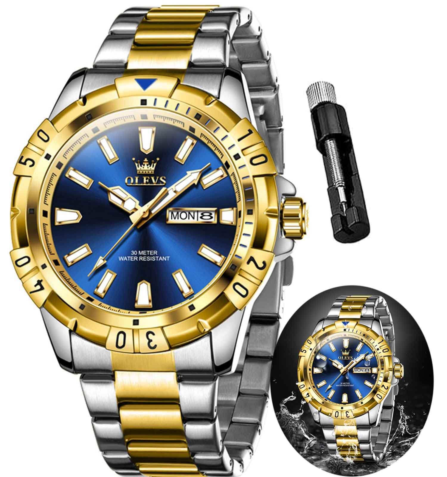 OLEVS Blue Watches for Men Dress Gold Big Face Mens Watches Classic Waterproof Analog Quartz Mens Wrist Watch Fashion Stainless Steel Date Date Luxury Reloj para Hombre