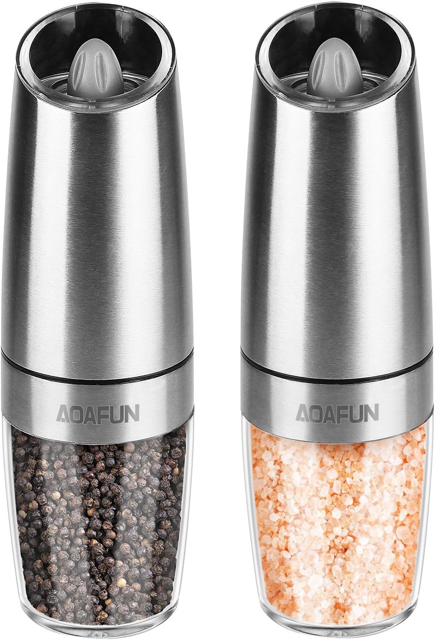 AOAFUN Electric Salt and Pepper Grinder Mill Set of 2,Battery Operated with LED Light, Adjustable Coarseness,Stainless Steel Body
