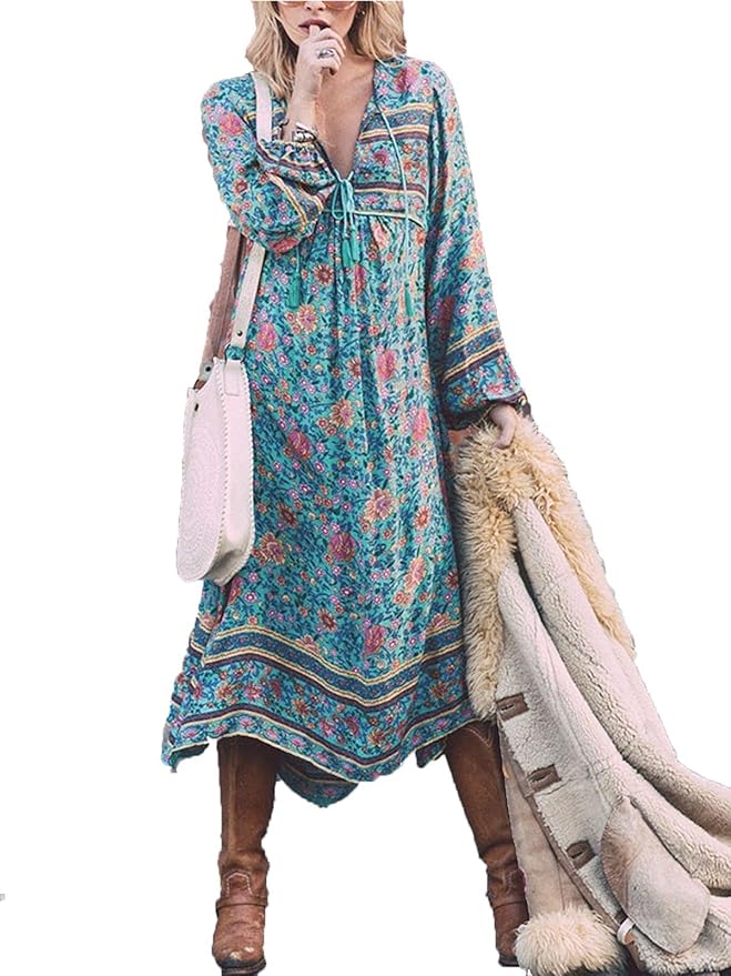 MISSLOOK Women's Bohemian Floral Print Deep VNeck Asymmetrical Vintage 3/4 Sleeve Chiffon Dress