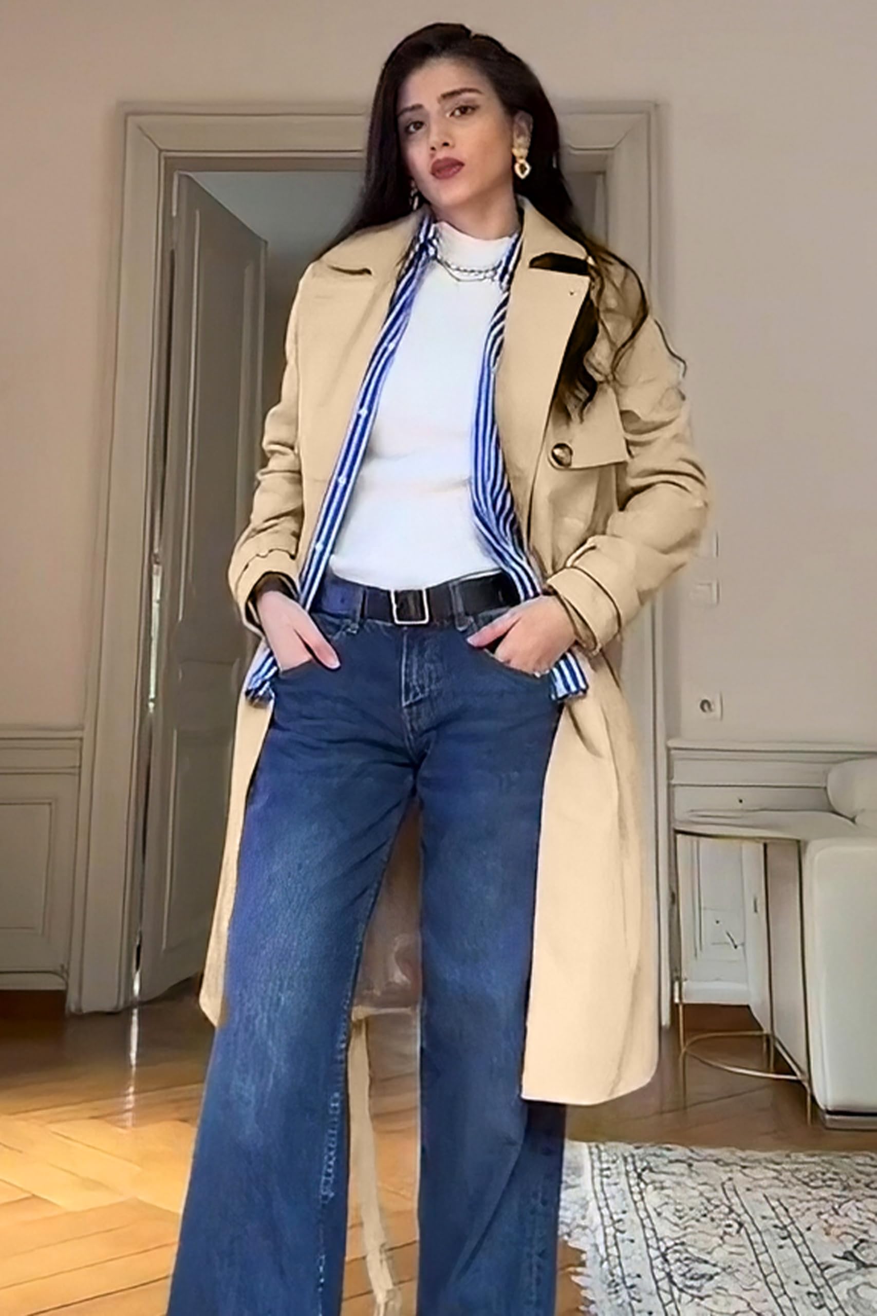 Orolay Women's 3/4 Length Double Breasted Trench Coat Lapel Jacket with Belt