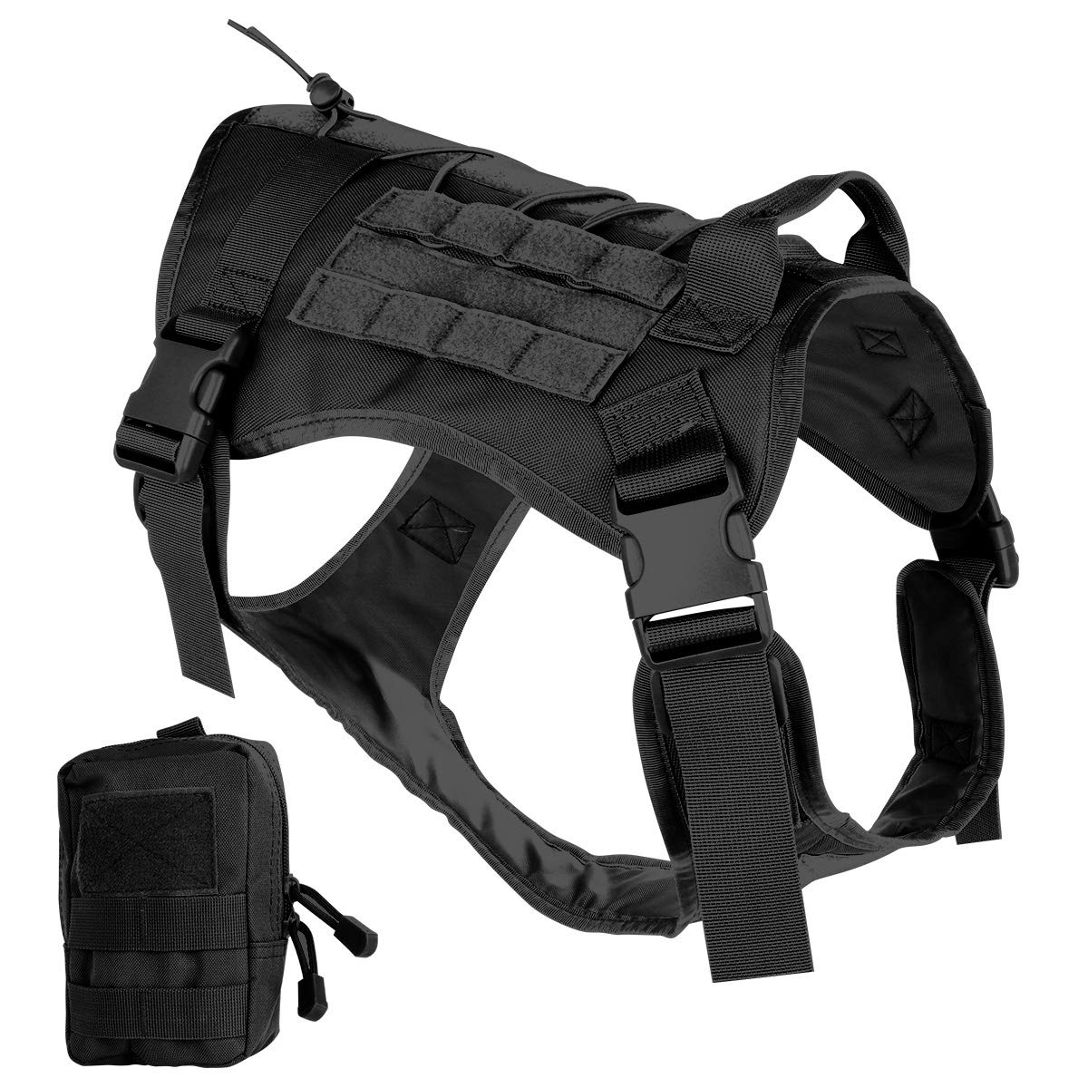 Bociks Taktisches Hundegeschirr, Militär-Hundegeschirr, Arbeitsweste, Molle-Trainingsweste, verstellbar, mit Griff, und Molle-Tasche (M, schwarz)