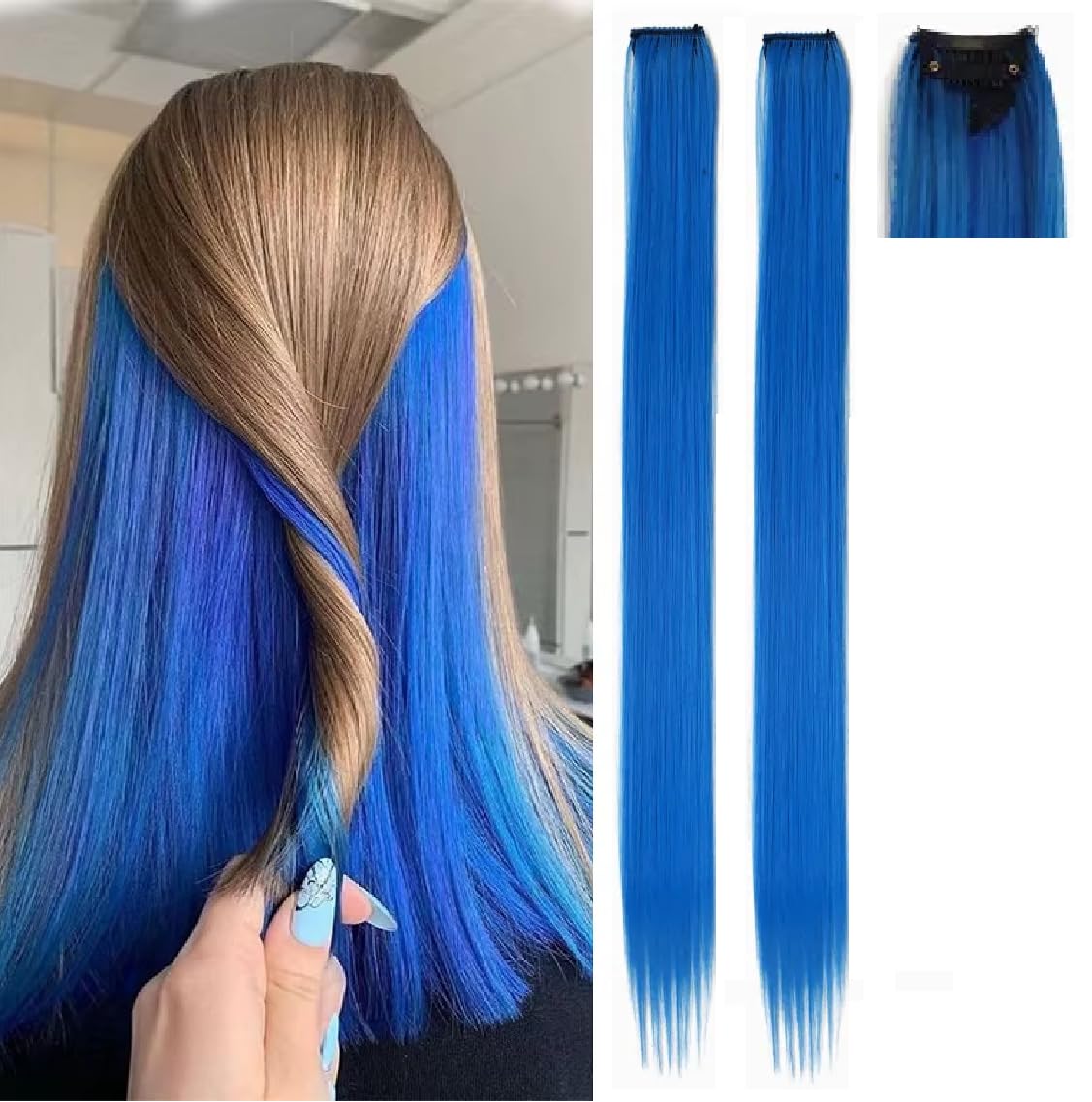 One Piece Clip In Hair Extension Highlights Streaks 25g - 40g (2, Blue - 20 Grams)