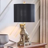 Crestview Collection 24" H Leopard Table Lamp, Black Silk Shade | Gold Foil Interior,Animal Resin Cheetah, Mid-Century Style,for Bedroom, Living Room, Office,End Table,Animal Lovers Gifts
