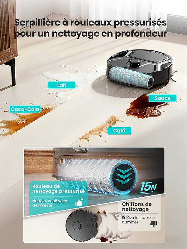 M210 Pro Omni 28cm Mini Rouleau Robot Aspirateur Laveur, 20000Pa