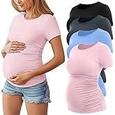 Huukeay 4 Pack Women's Maternity Shirts, Crew Neck Maternity Top Short Sleeve Casual Cotton Tee Side Ruched Pregnancy Clothes