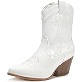 PEPPEP Western Cowgirl Cowboy Ankle Boots for Women or Ladies, Mid Calf, Vegan Leather Embroidered Upper, Low Heel, Fashionable Pointed-toe, Well Made