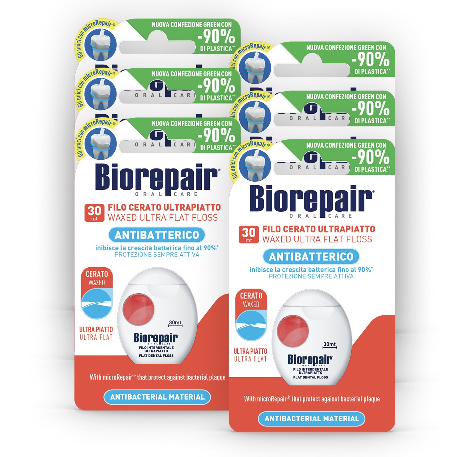 Biorepair , Ultra-Flat Waxed Antibacterial Dental Floss, with MicroRepair® for Tight Spaces, for Oral Care, Ideal for Sensitive Teeth, Fresh Mint Flavor, Pack of 6 x 30 meters