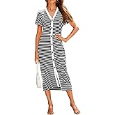 BTFBM Women Casual Summer Dresses Short Sleeve Striped Midi Dresses Decorative Button Ribbed Knit Dresses Party Dresses