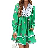 MAOECO Womens Floral Mini Dress V Neck Long Sleeve Patchwork Loose Babydoll Boho Flowy Short Shift Shirt Dresses