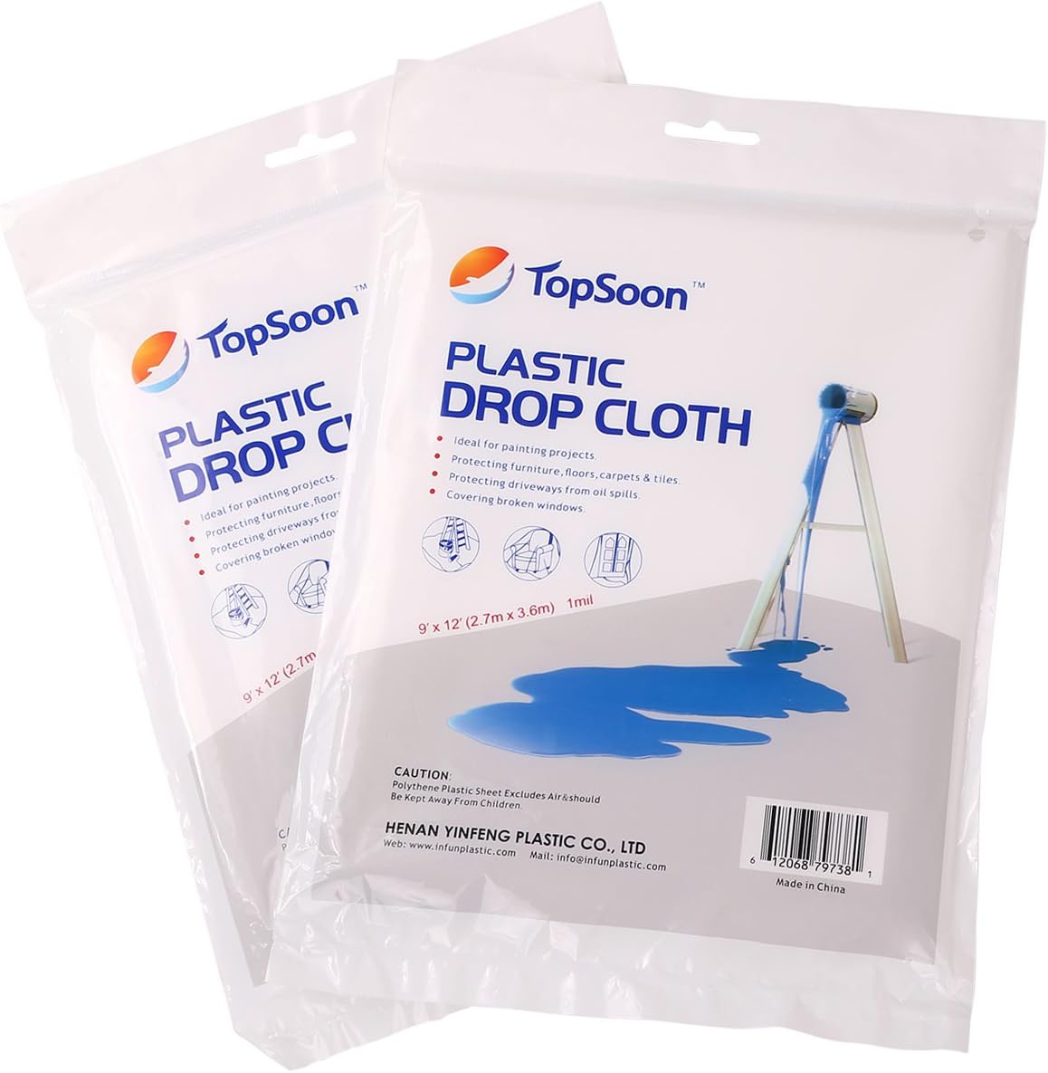 TopSoon Plastic Drop Cloth 9-Feet by 12-Feet Clear Tarp Plastic Painting Tarp Plastic Sheeting Waterproof Patio Furniture Cover - - 