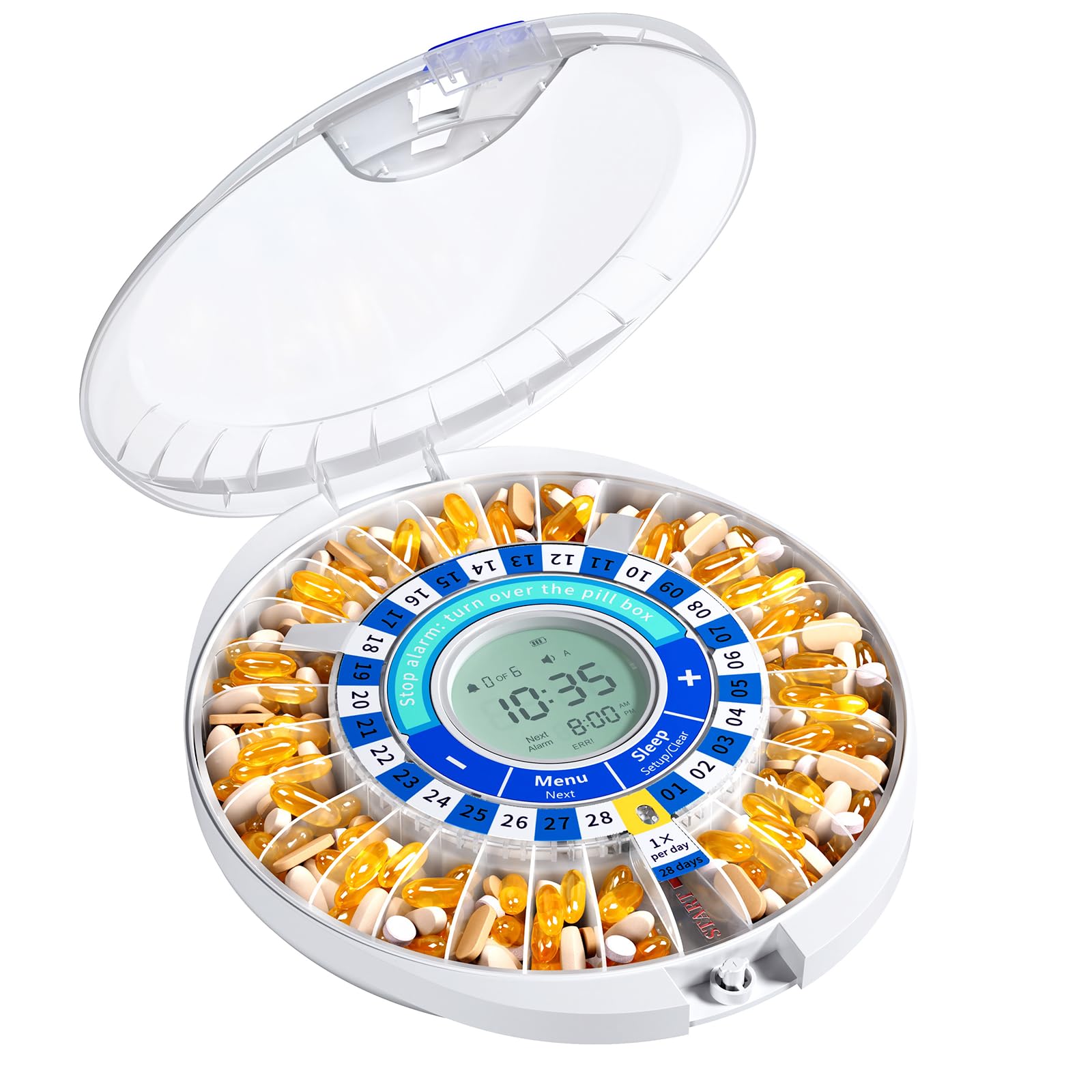 Photo 1 of Daviky Automatic Pill Dispenser for Elderly with Alarm, 28-Day Electronic Locked Pill Box, Sound & Light Reminders for Medication, Vitamins, and Supplements(Blue)