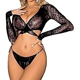 L04BABY Lingerie Sets for Women Sexy Bikini V-neck Womens Long Sleeve Tops and Thongs Lace beach cover up Clubwear