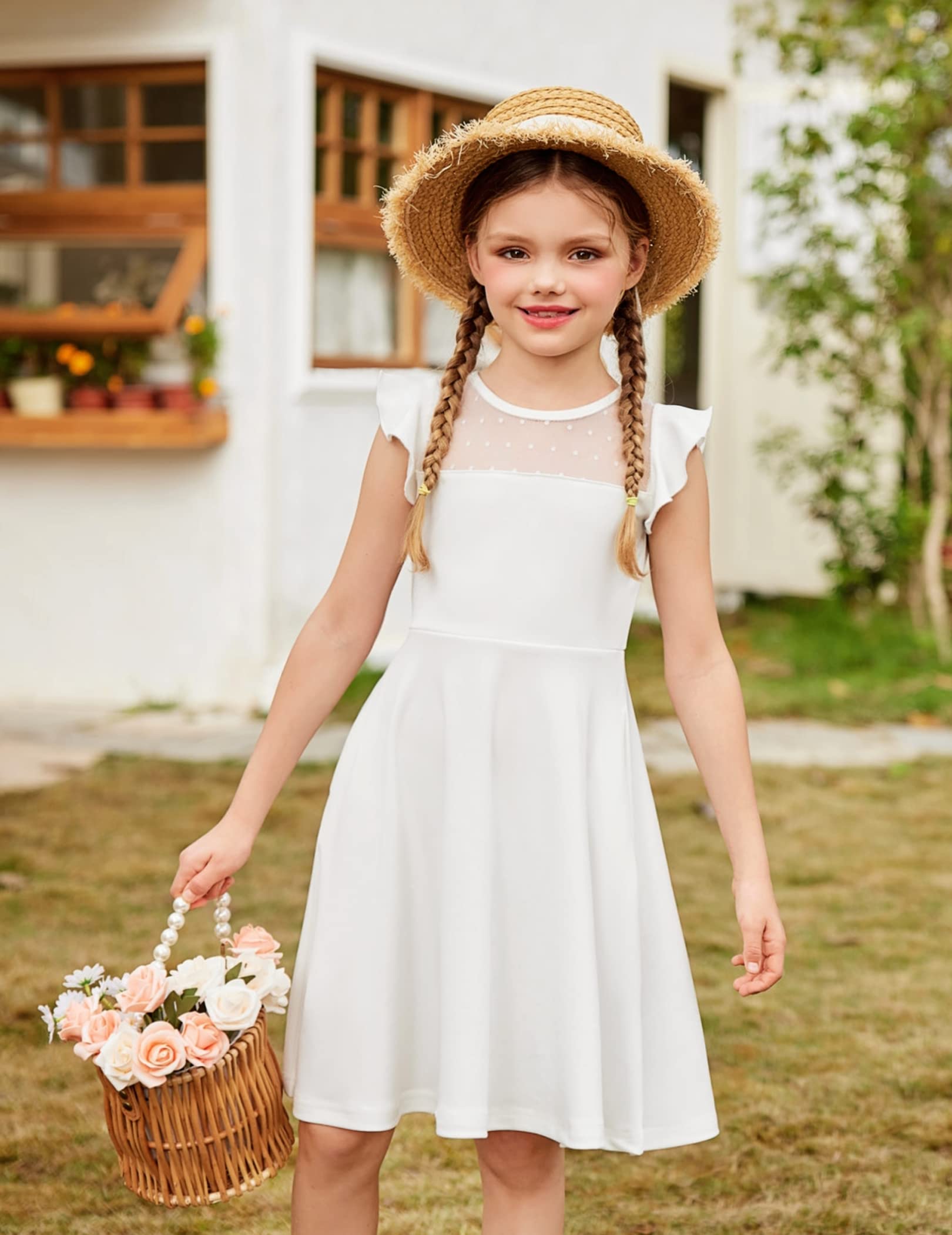Arshiner Girls Dress Summer Ruffle Sleeve Mesh A Line Casual Party Dresses with Pockets 6-13 Years