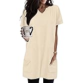 KISSMODA Woman Lightweight Dress with Hood Short Sleeve Summer Loose Pullovers with Pockets Long Tunics Top for Leggings