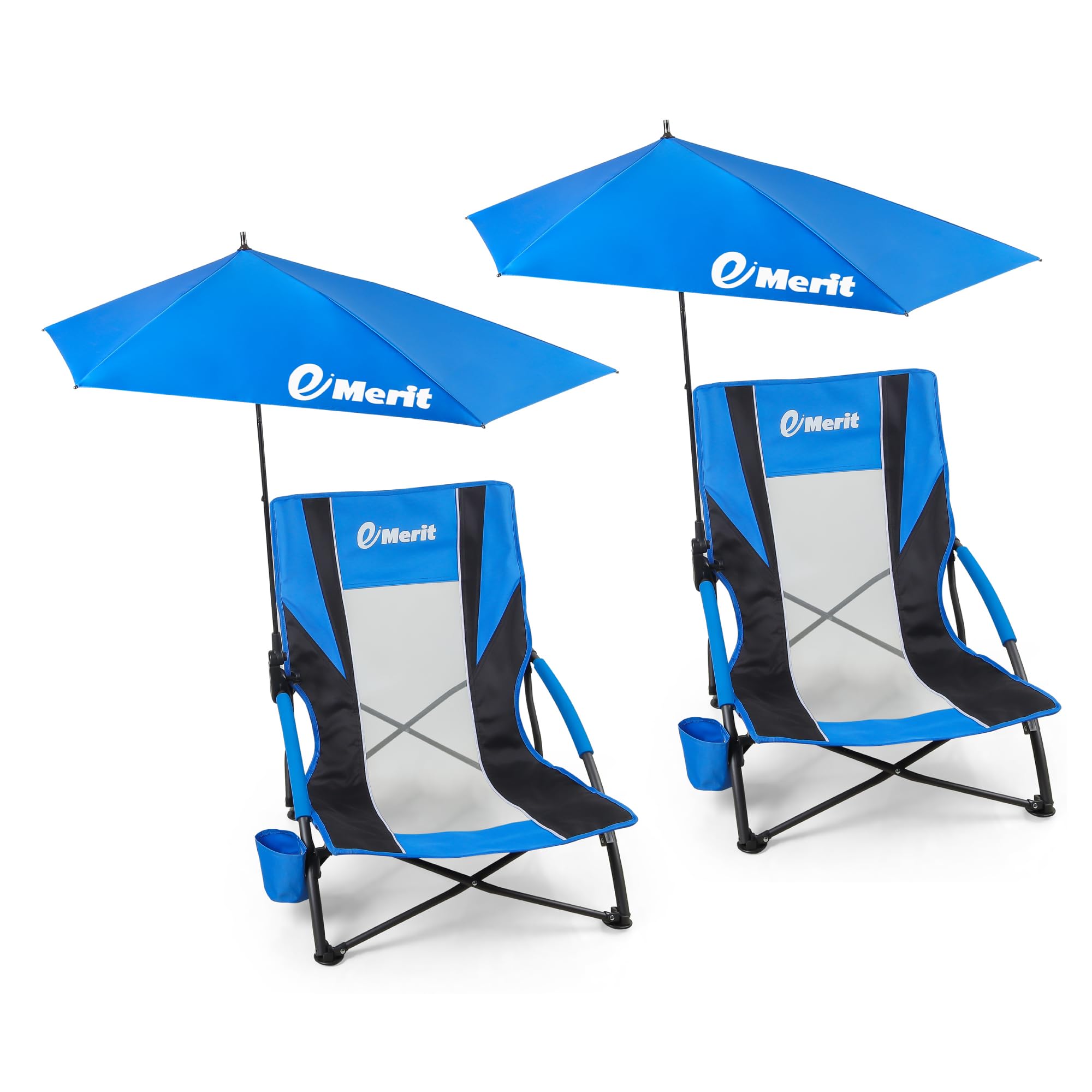 Photo 1 of EMERIT Low Beach Chairs for Adults, Sling Beach Chair with Umberalla, Folding Backpack Camping Chair with Cup Holder