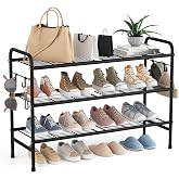 VILICK 3 Tier Shoe Rack 33" Wide Metal Shoe Organizer, Black | Long Shoe Storage, 4 Side Hooks, Sturdy Shoes Shelf, For Front Door Entrance, Closet, Garage, Dorm