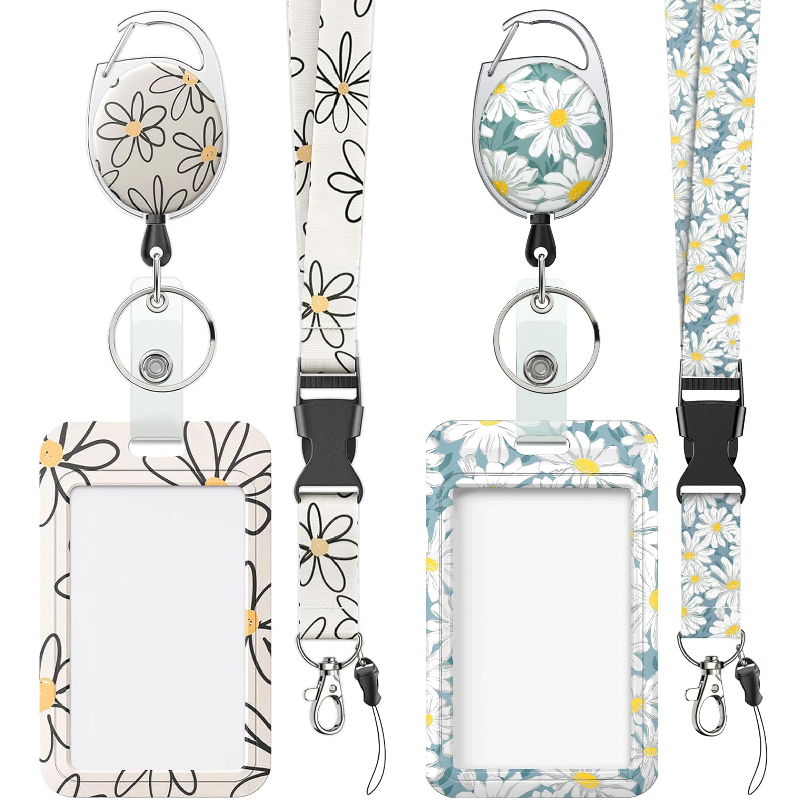 Photo 1 of Uniclife 2 Pack Floral Sliding Badge Holder White Blue Flower Plastic Case with Retractable Badge Reel Carabiner Clip and Detachable Lanyard Strap Hard Vertical Card Protector