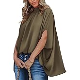 BTFBM Womens Summer Tops 2026 Mock Neck Batwing Sleeve Silk Satin Shirts Loose Oversized Dressy Casual Spring Blouses