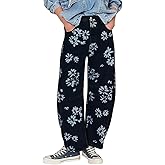 ebossy Women's Retro Floral Print Barrel Jeans Mid Rise Wide Leg Baggy Boyfriend Horseshoe Denim Pants