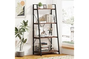 BON AUGURE Industrial Ladder Shelf Bookcase, 4 Tier Rustic Ladder Bookshelf, Standing Leaning Book Shelves for Living Room (Rustic Oak)