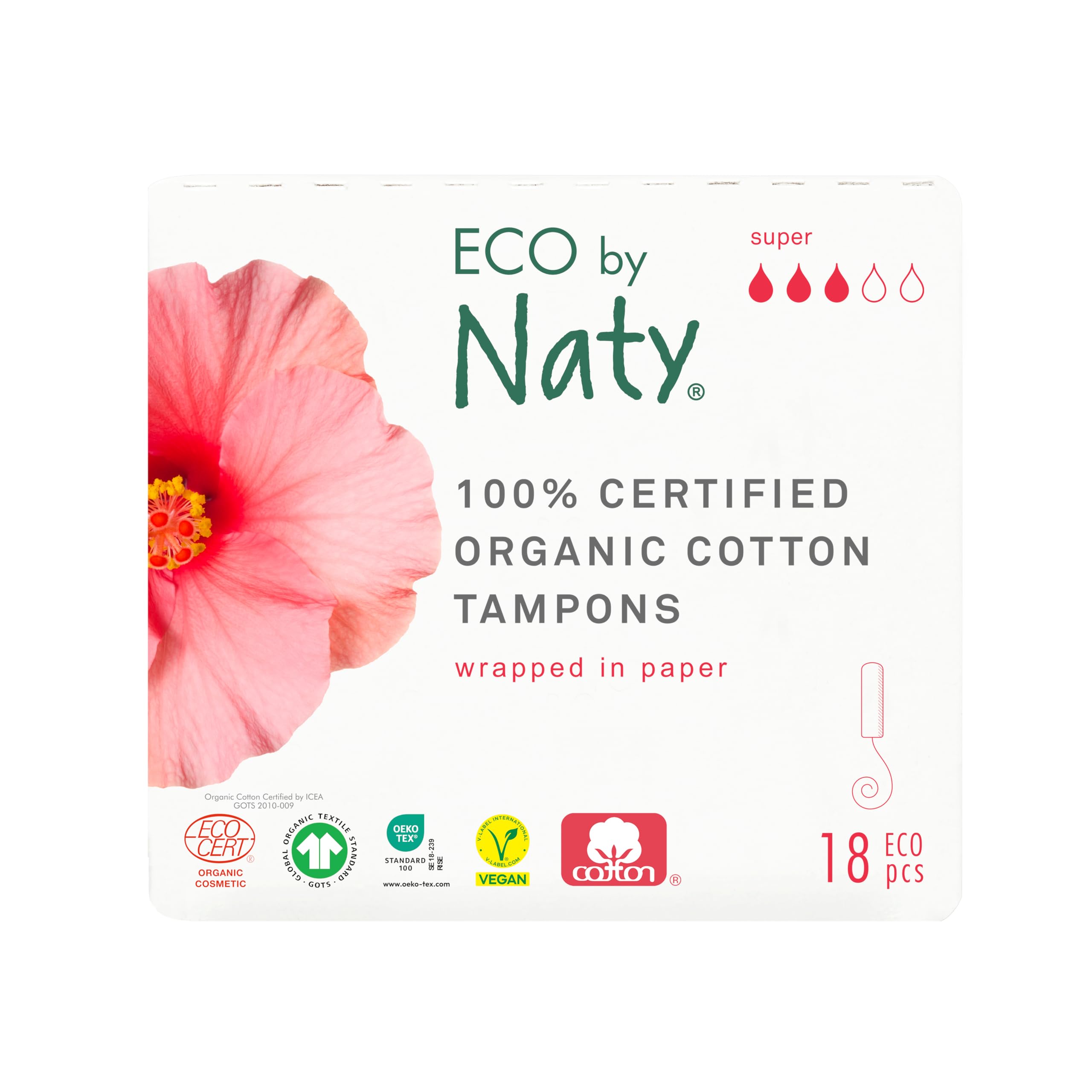 Naty Tampons - Super, 18 tampons. Plant-Based, Vegan, 100% Organic Cotton