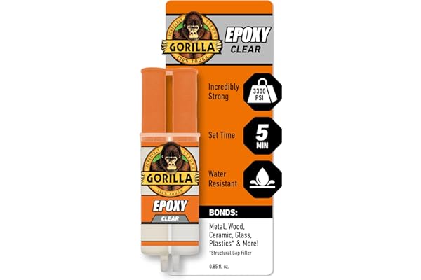 Gorilla Glue Epoxy, Dries Clear, Gap Filling, Indoor & Outdoor, Water Resistant, 5 Minute Set, Dries Clear Transparent, 0.85o
