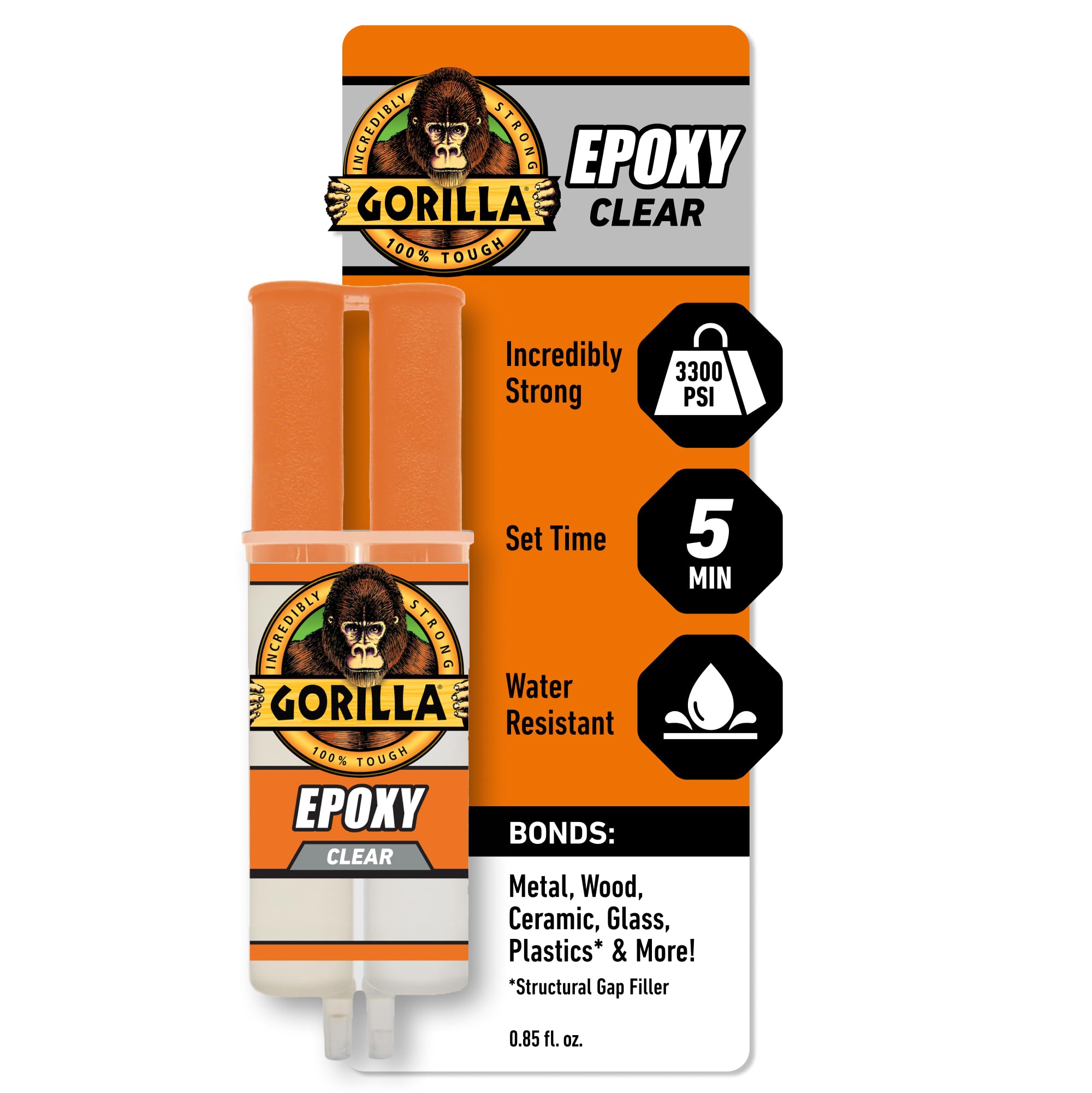 Photo 1 of   2 Gorilla 2 Part Epoxy, Clear Epoxy, 0.85 Ounce Syringe (Pack of 1) - 5 Minute Set, Incredibly Strong Bonding
