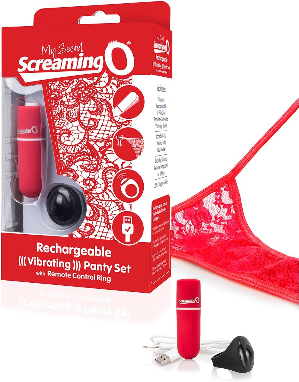 Screaming O My Secret Rechargeable Remote Control Vibrating Pants, Ring and Bullet Set, Red