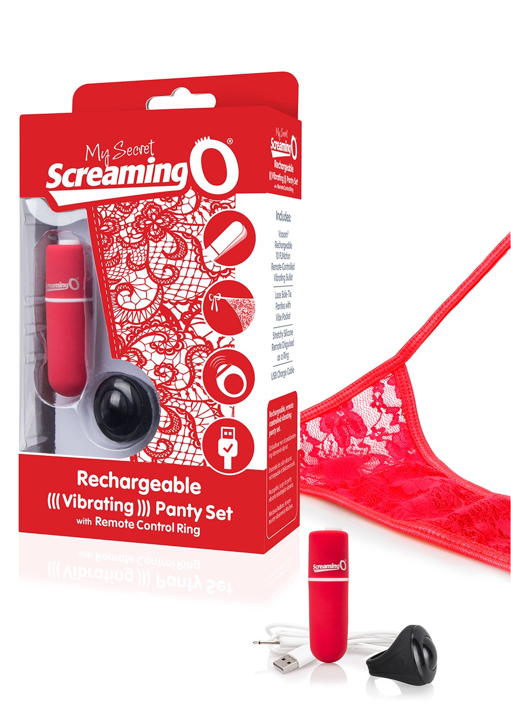 Screaming O My Secret Rechargeable Remote Control Vibrating Pants, Ring and Bullet Set, Red
