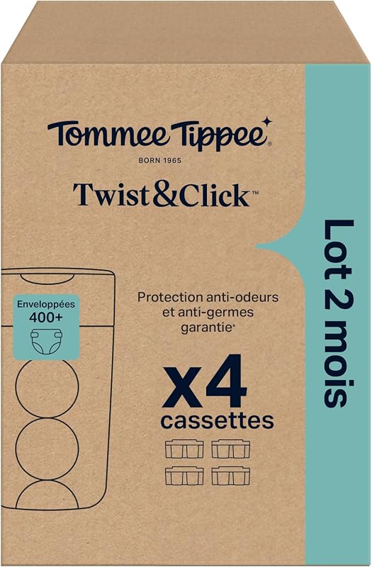 Cassettes de recharge originales Poubelle à couches Twist and Click Advanced, Lot exclusif de 4, 10,5 m, Recharge facile et grandes économies, 4 X 10,5 m