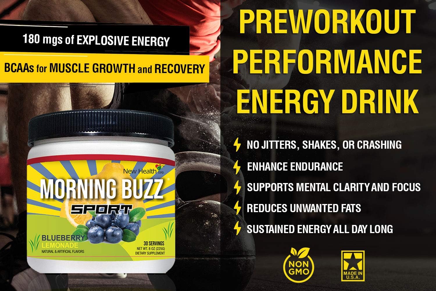 Morning Buzz Sports Energy Drink Mix by New Health, Pre Workout, Sports Nutrition Drink, Supports Lasting Energy, Endurance, Mental Clarity, and Metabolism, 8 Ounce Powder Mix, 30 Servings (Yellow): Health & Personal Care