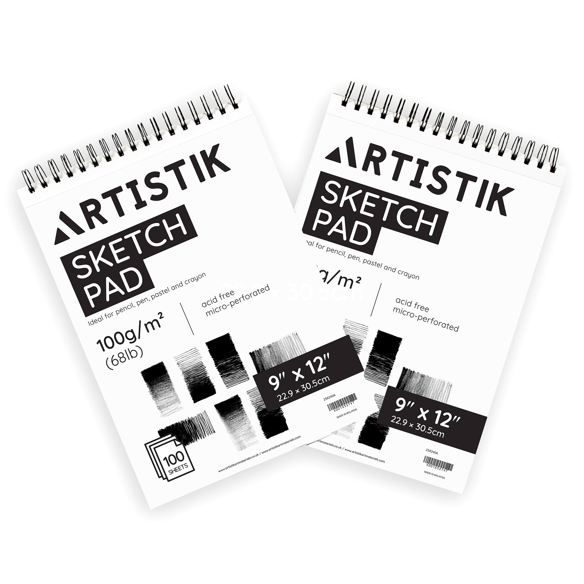 ARTISTIK Spiral Sketch Pad – 100-Sheet Perforated Sketchbook for Pencil, Pastel & Crayon – 100 g/m²(68lb) Mixed Media Sketching & Writing Pad – 9" x 12", Pack of 2