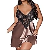 SOLY HUX Women's Plus Size Satin Nightgowns Lace Sleeveless Chemise Pajama Dress Mini Nightdress