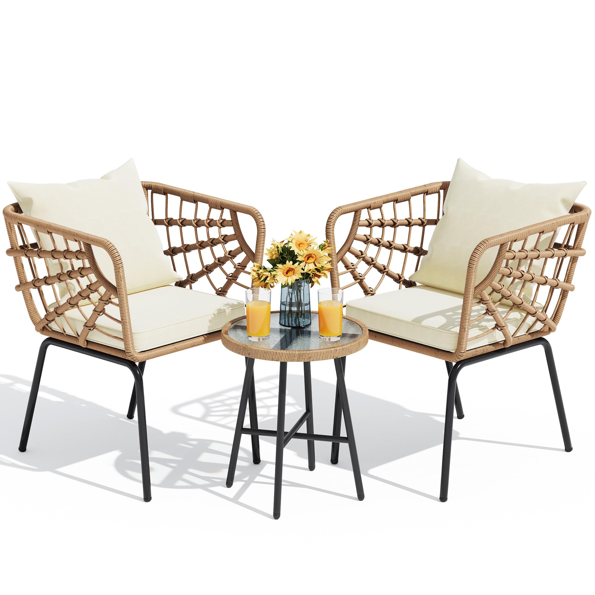 SUNSITT 3-Piece Outdoor Bistro Set - Wicker Rocking Chairs With Weather-Resistant Cushions & Coffee Table