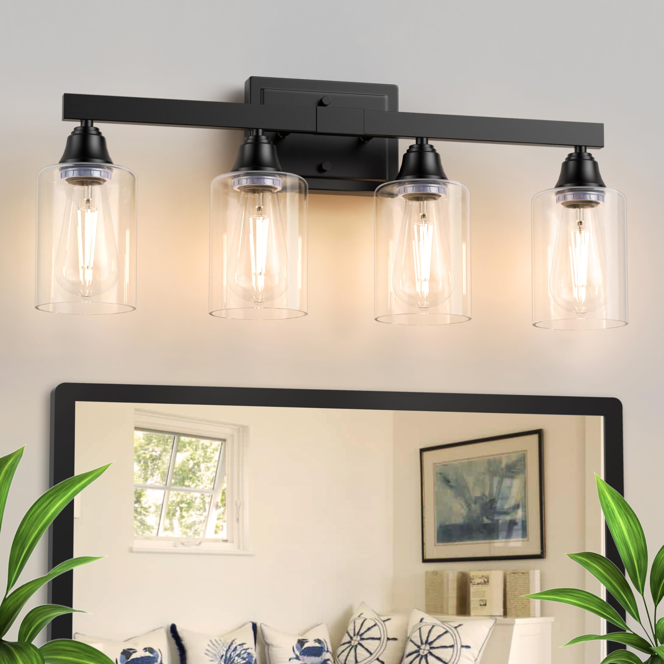 Photo 1 of VOLISUN Matte Black Bathroom Light Fixtures, 4-Light Bathroom Vanity Light Over Mirror, Modern Vanity Lights for Bathrooms, Bathrooms Lights Fixtures Over Mirror with Clear Glass Shades