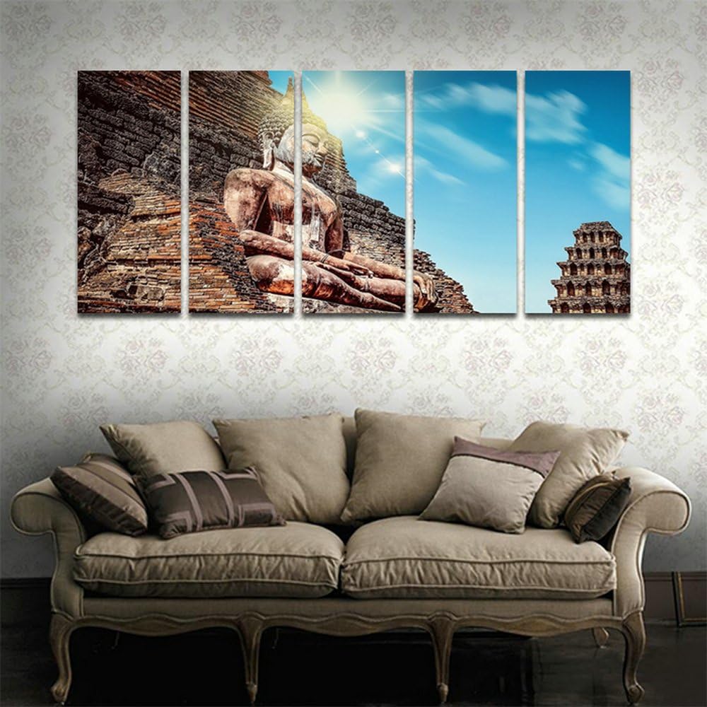 CyioArt - 5 Panels Wall Art Peaceful Buddha Statue Modern Home Decorative Painting Canvas Print Picture Vintage Zen Poster Wall Decor For Living Room (49"W x 24"H, framed and ready to hang)