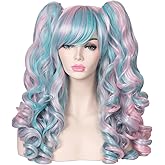 ColorGround Long Curly Cosplay Wig with 2 Ponytails(Pink/Blue)