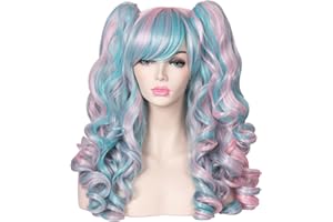 ColorGround Long Curly Cosplay Wig with 2 Ponytails(Pink/Blue)