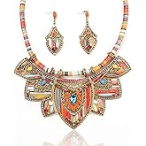 Zhlichouy African Jewelry Sets for Women Boho Tribal Retro Statement Choker Necklace and Dainty Dangle Earring Set Multicolor Ethnic Style Chunky Bib Collar Costume Jewelry Accessories for Women