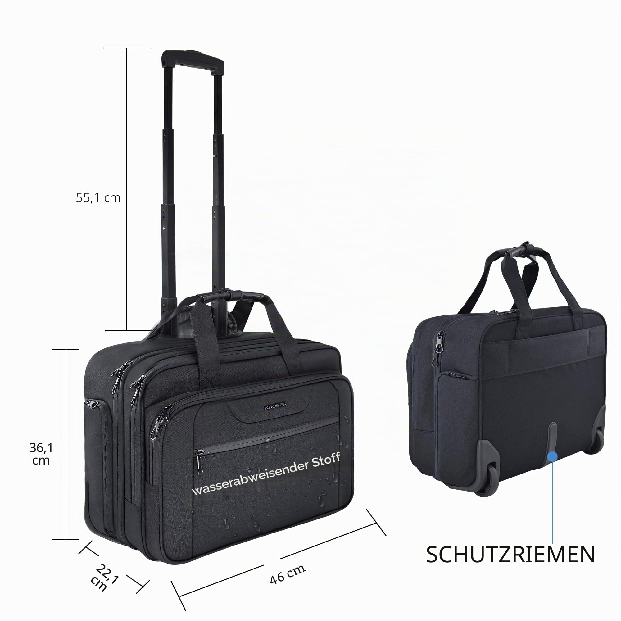 KROSER Trolley Business, Handgepäck Koffer, Rolling Case mit Rädern Bis zu 17,3 Zoll Laptop wasserdichte Übernacht-Rolltasche mit RFID-Taschen für Reisen/Schule/Männer/Frauen-Schwarz MEHRWEG 2